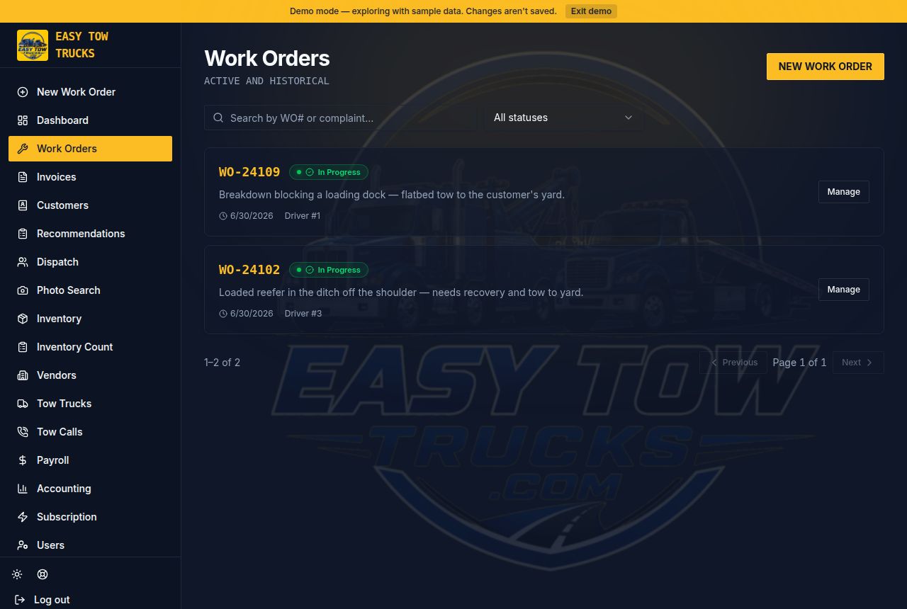 Work Orders screen